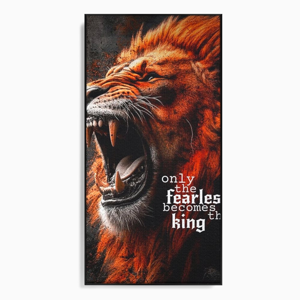 Tablou canvas cu ilustratie digitala cu leu care raguseste, in rama de aluminiu negru